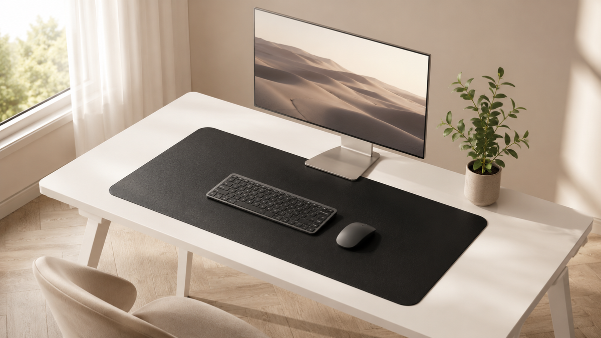 DeskHaus black desk mat on minimal nordic desk setup with monitor and keyboard