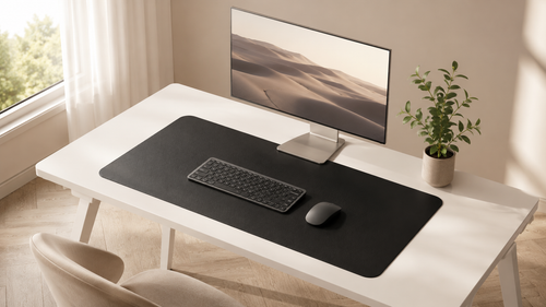 DeskHaus black desk mat on minimal nordic desk setup with monitor and keyboard