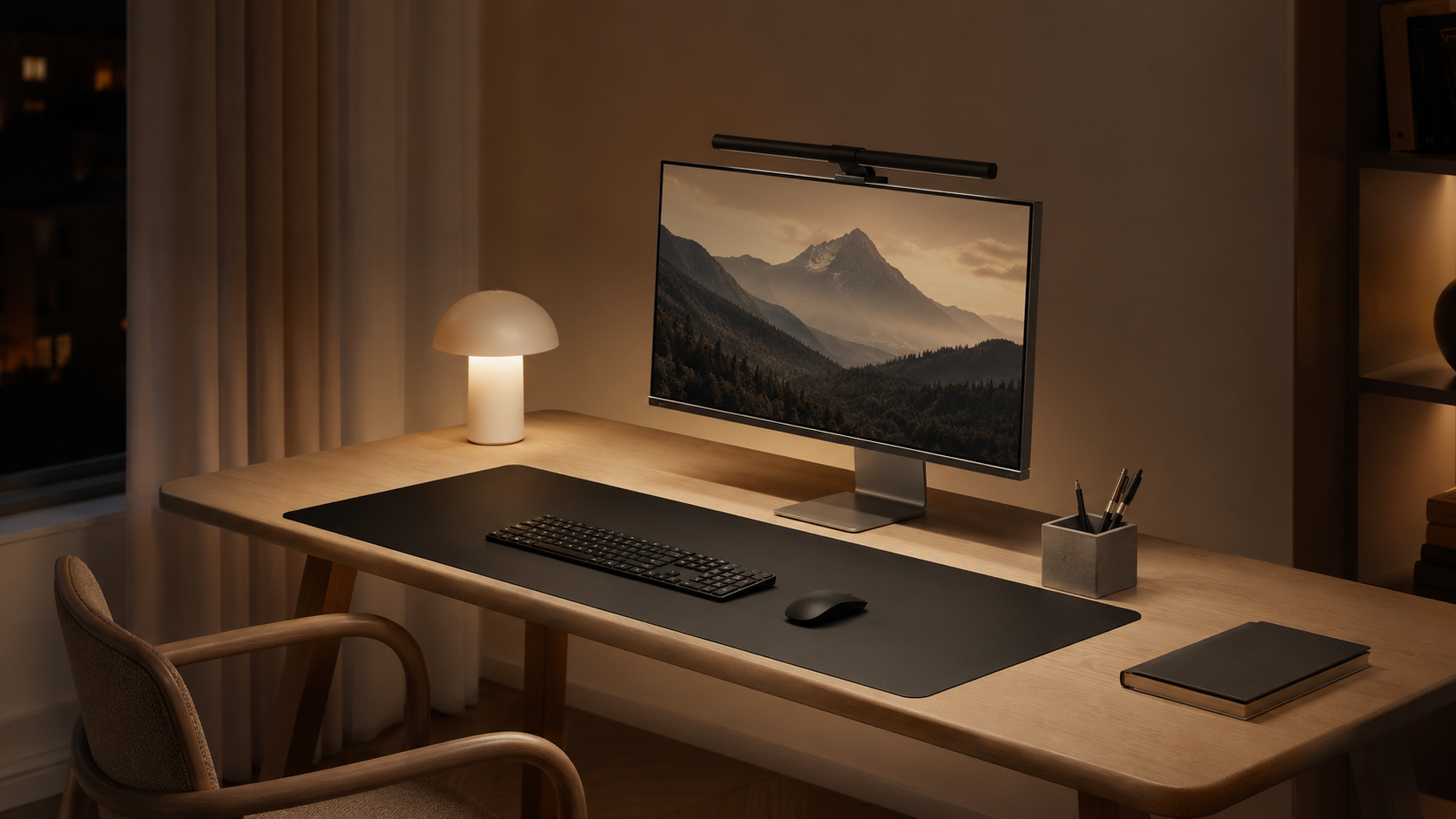 DeskHaus latte beige desk mat full minimal nordic desk setup with monitor light bar