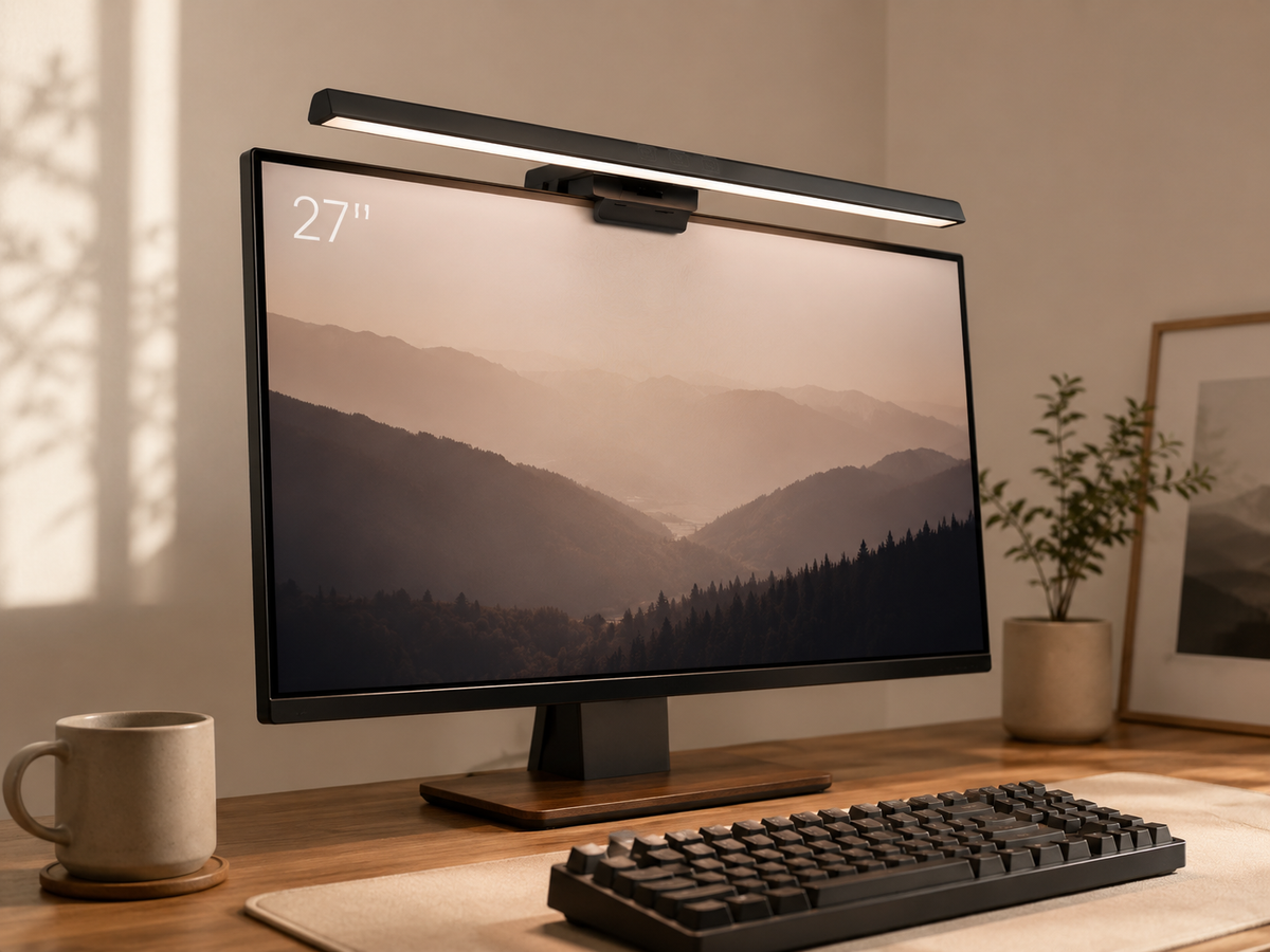 DeskHaus monitor light bar mounted on 27 inch monitor minimal desk setup