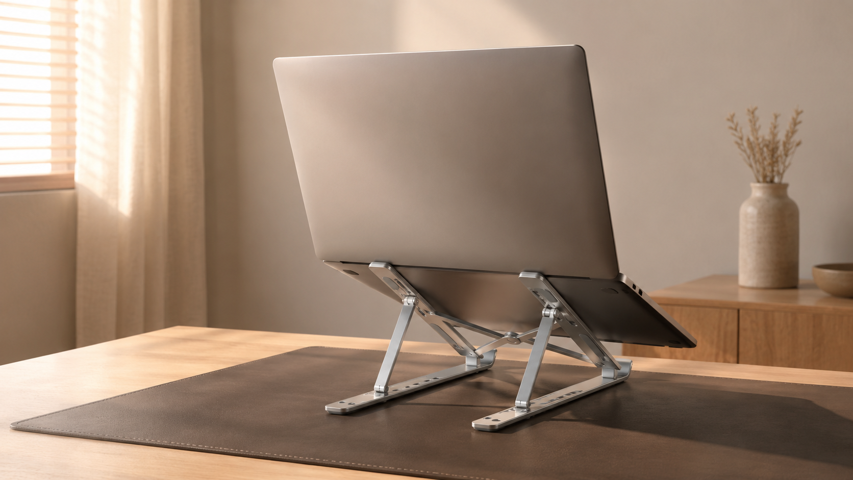 DeskHaus silver laptop stand on minimal nordic desk setup with MacBook