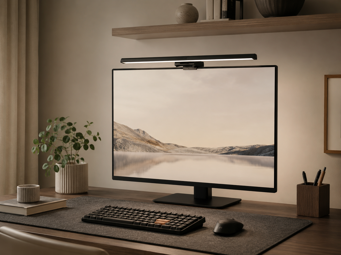 Full minimal DeskHaus desk setup with monitor light bar