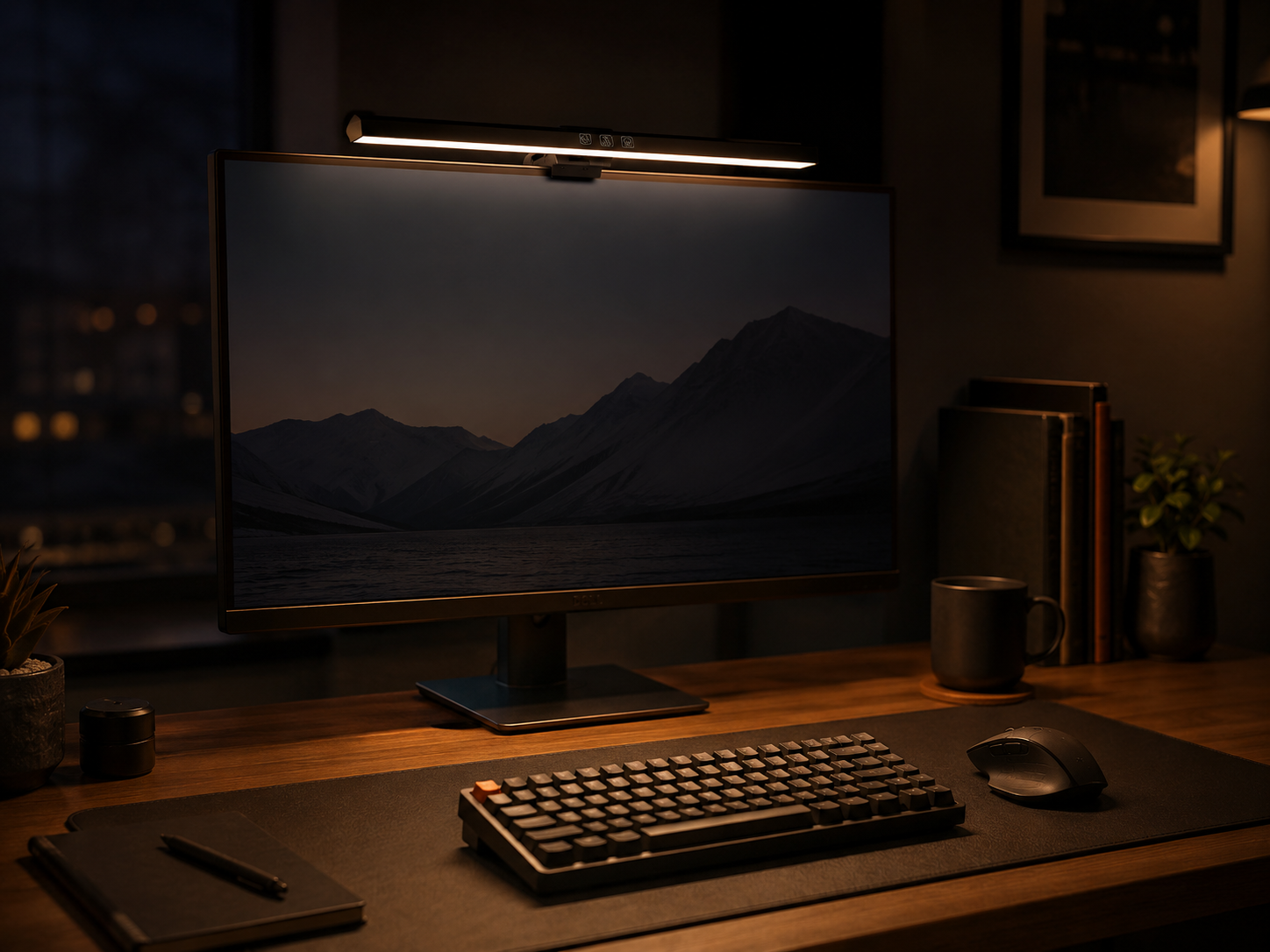 Monitor light bar warm light illuminating desk keyboard dark room